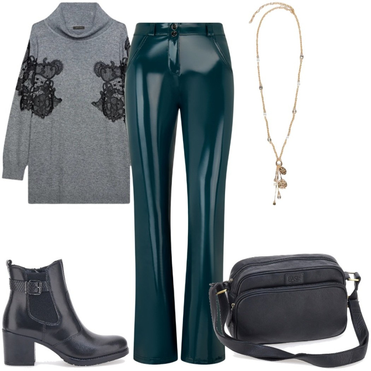 Outfit donna - Dicembre 70s. Stile 70s per Tutti i giorni. Abbinamento con pantaloni, stivaletti, maglieria, ciondoli, borse a tracolla.