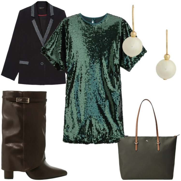 Outfit donna - Il Natale più trendy e brillante. Stile Trendy per Serata fuori. Abbinamento con vestiti corti, stivali, borse tote, orecchini, blazer.