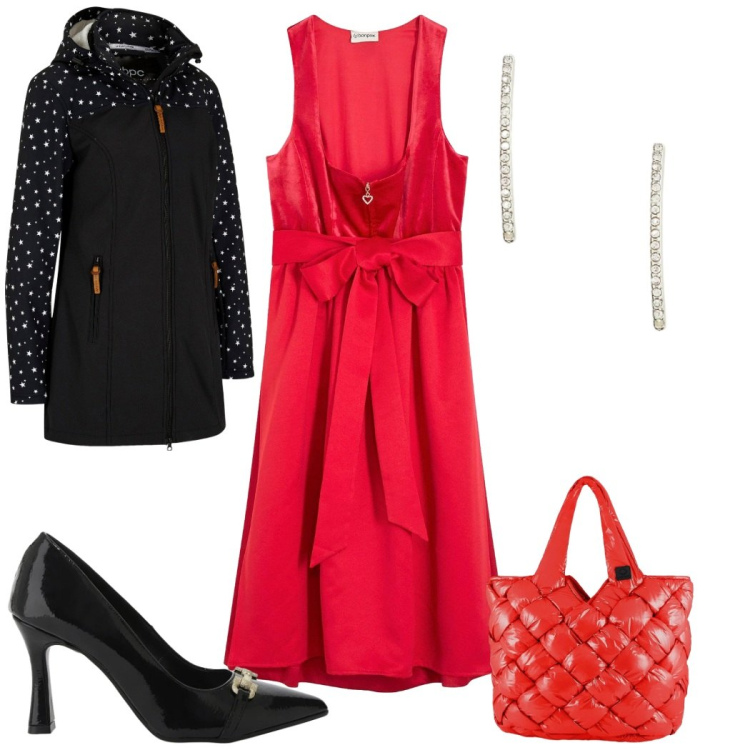 Outfit donna - Buona Vigilia!. Stile Trendy per Serata fuori. Abbinamento con parka, vestiti midi/longuette, décolleté, orecchini, borse tote.