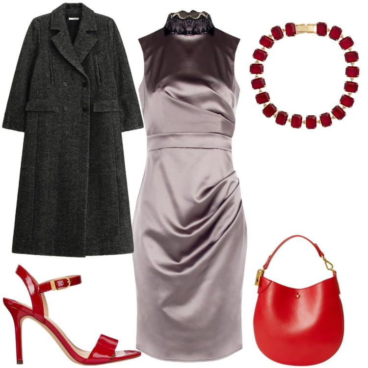 Outfit donna - Natale glamour. Stile Glamour per Serata fuori. Abbinamento con vestiti a tubino, cappotti, sandali col tacco, pochette, braccialetti.