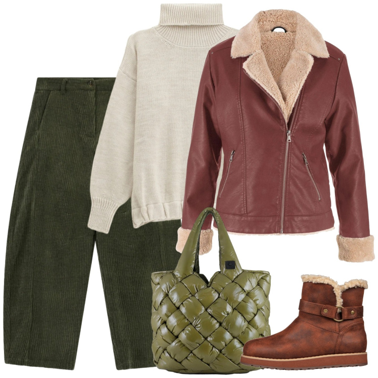 Outfit donna - Velluto verde. Stile Trendy per Tutti i giorni. Abbinamento con bomber, maglieria, pantaloni a palazzo, borse tote, stivaletti.