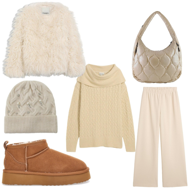 Outfit donna - Stile caldo e avvolgente. Stile Casual chic per Tutti i giorni. Abbinamento con maglieria, pantaloni, ecopellicce, berretti, borse tote, stivaletti.