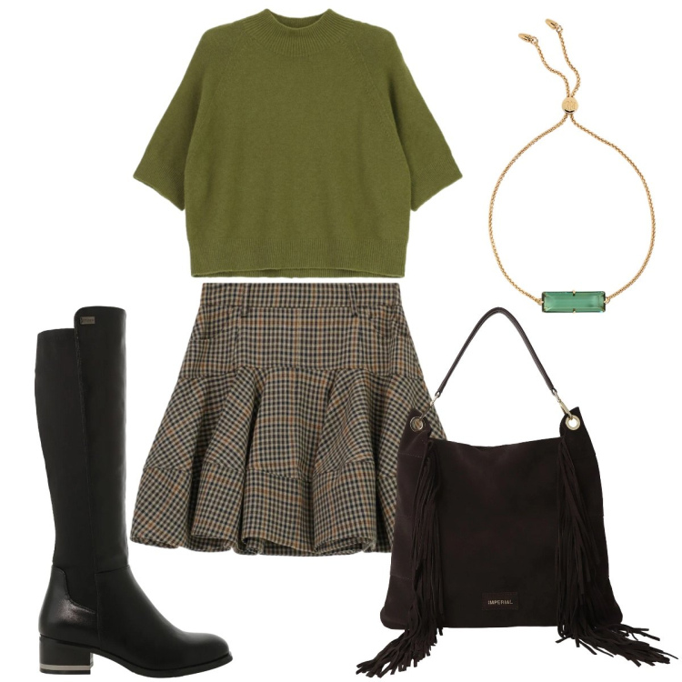 Outfit donna - Total look #2301427. Stile Basic per Tutti i giorni. Abbinamento con stivali sopra il ginocchio, minigonne, maglieria, borse a spalla, braccialetti.