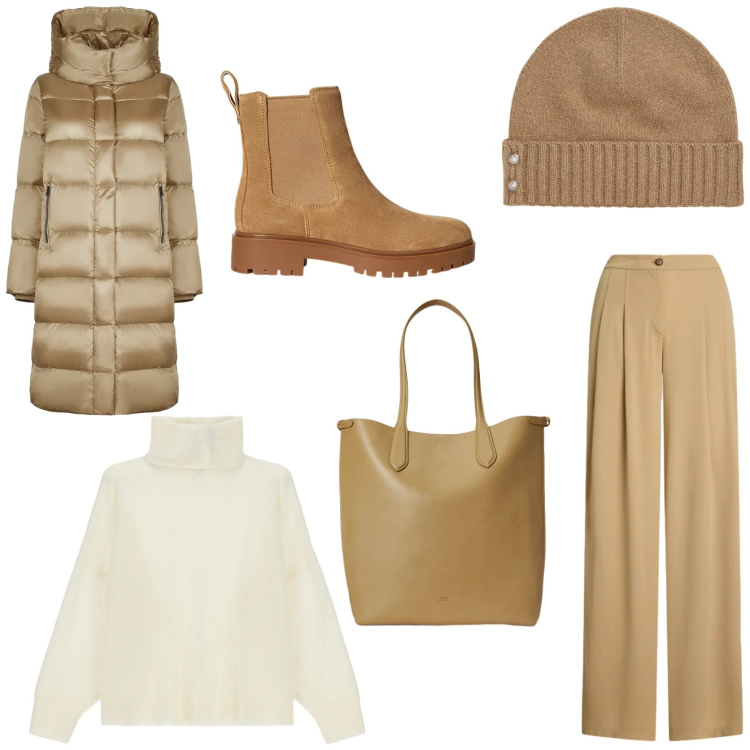 Outfit donna - Freddo non ti temo. Stile Casual chic per Tutti i giorni. Abbinamento con maglieria, stivaletti chelsea, berretti, pantaloni, borse tote, cappotti.