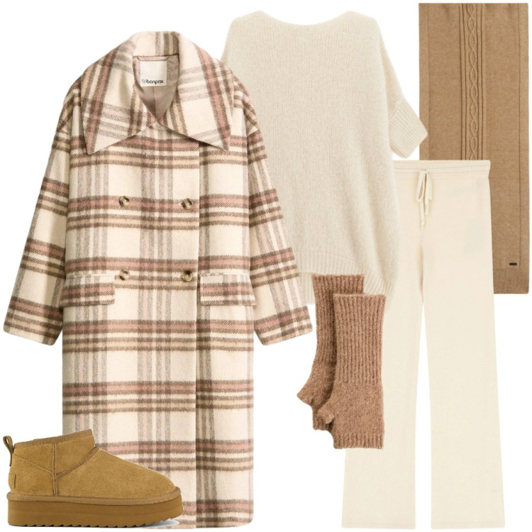 Outfit donna - Warm & chic. Stile Urban per Tutti i giorni. Abbinamento con cappotti, guanti, pantaloni a palazzo, maglieria, sciarpe, stivaletti.