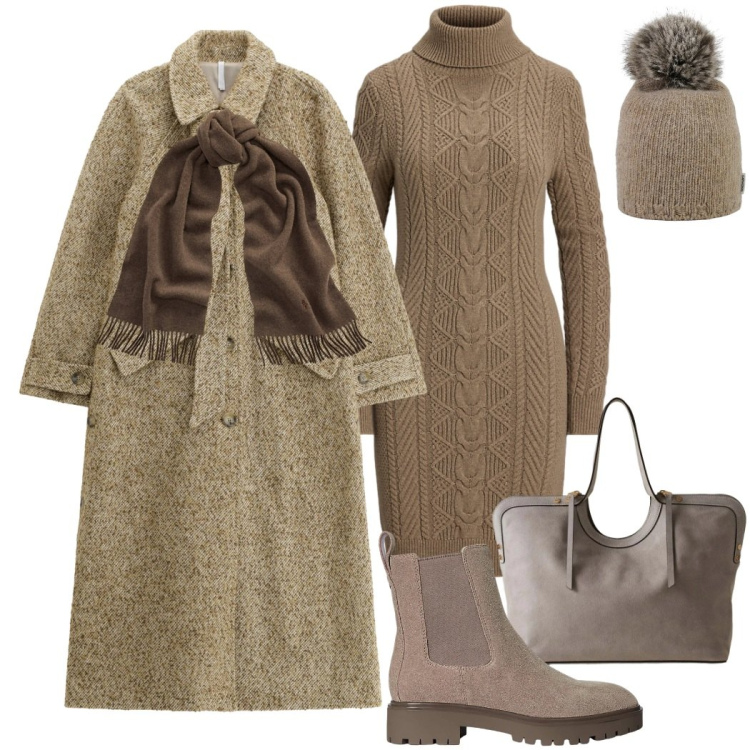 Outfit donna - Warm & chic. Stile Urban per Tutti i giorni. Abbinamento con cappotti, shopping bag, sciarpe, stivaletti chelsea, vestiti, berretti.