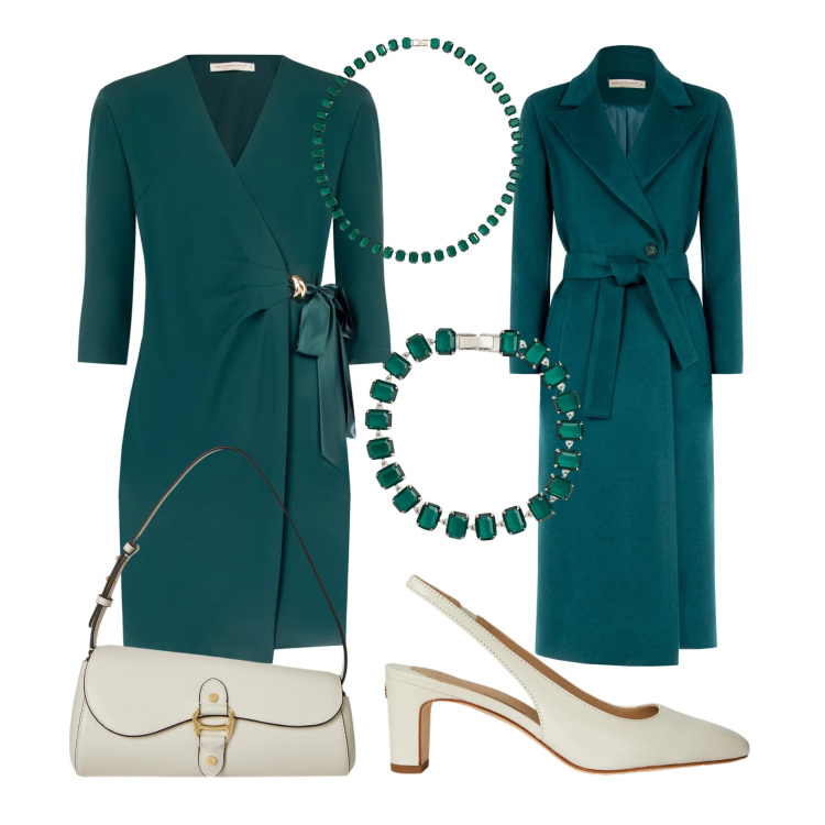 Outfit donna - Eleganza in verde. Stile Chic per Cerimonia. Abbinamento con cappotti, vestiti a tubino, collane, borse a spalla, décolleté, braccialetti.