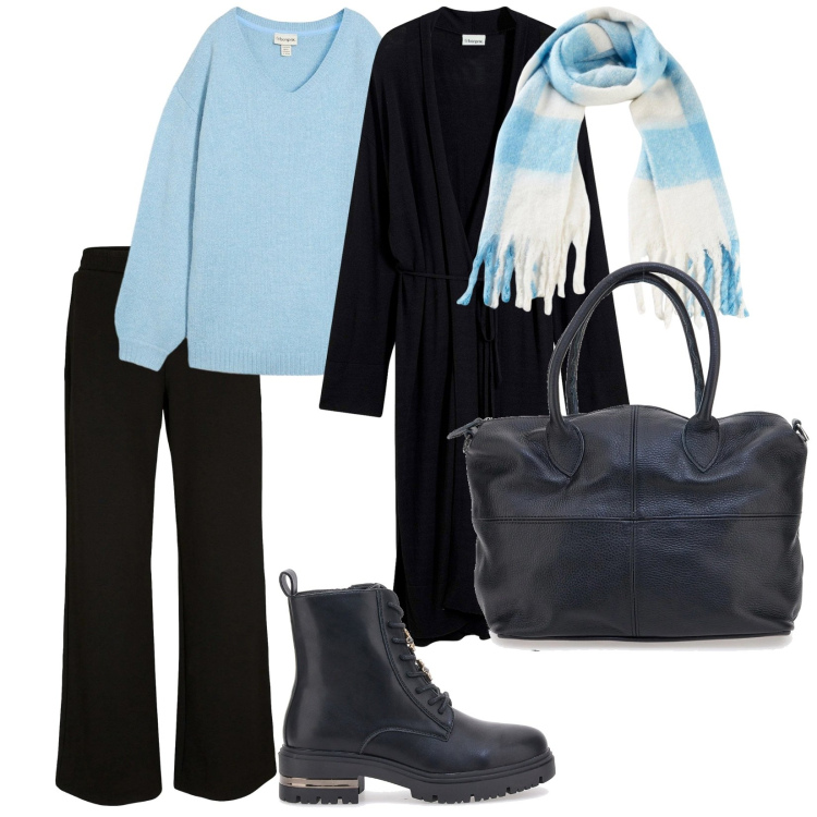 Outfit donna - Sciarpa per il freddo. per Tutti i giorni. Abbinamento con maglieria, cappotti, pantaloni a palazzo, foulard, anfibi, borse a mano.