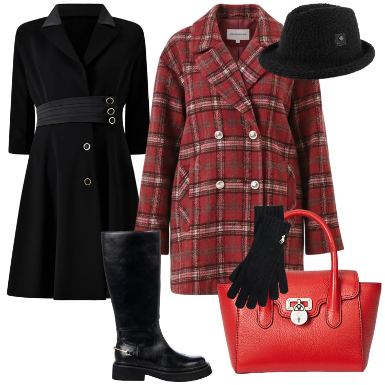 Outfit donna - Chic &warm. per Tutti i giorni. Abbinamento con vestiti midi/longuette, cappotti, stivali sopra il ginocchio, borse a mano, guanti, cappelli.