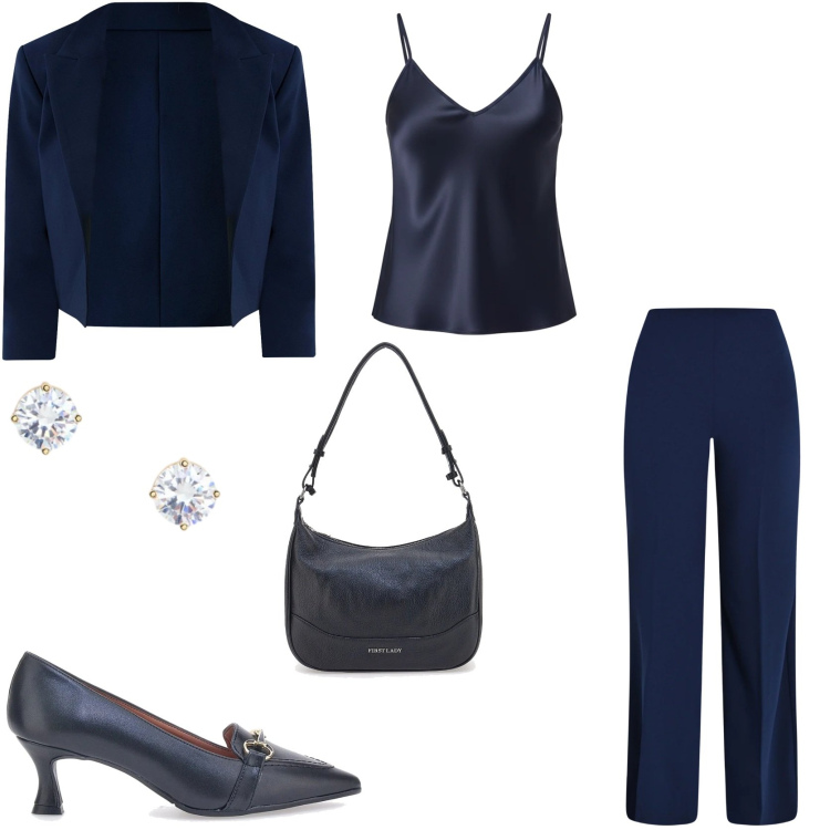 Outfit donna - Blu per le feste. Stile Chic per Serata fuori. Abbinamento con bolero, pantaloni a palazzo, canottiere, orecchini, décolleté, borse a tracolla.