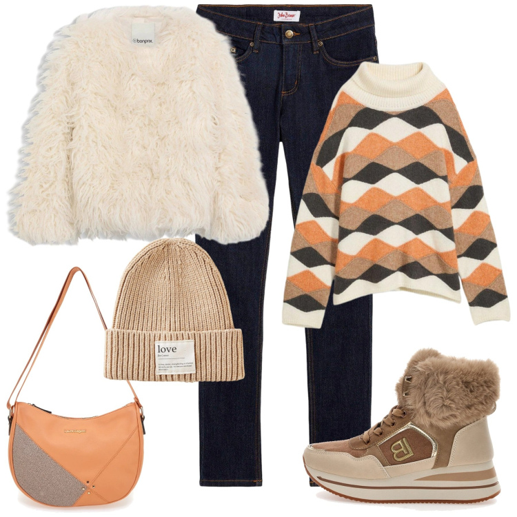 Outfit donna - Warm and chic. Stile Casual chic per Tutti i giorni. Abbinamento con maglieria, jeans skinny, berretti, ecopellicce, sneakers alte, borse a tracolla.