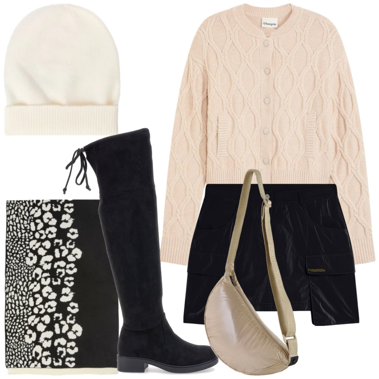 Outfit donna - Warm trendy winter. Stile Trendy per Tutti i giorni. Abbinamento con cardigans, minigonne, borse sportive, stivali sopra il ginocchio, sciarpe, berretti.
