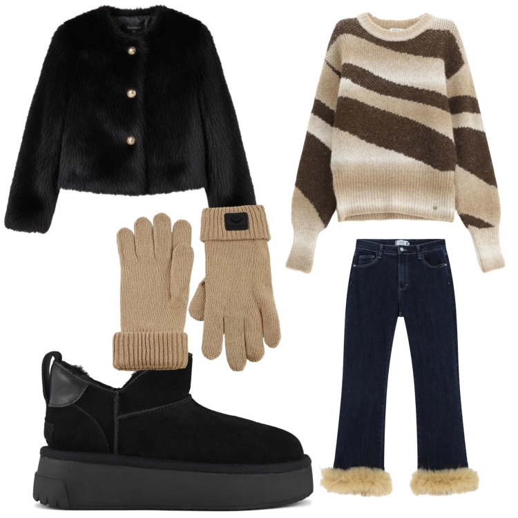 Outfit donna - Cozy outfit. Stile Casual per Tutti i giorni. Abbinamento con pantaloni, pullovers, ecopellicce, guanti, stivali.