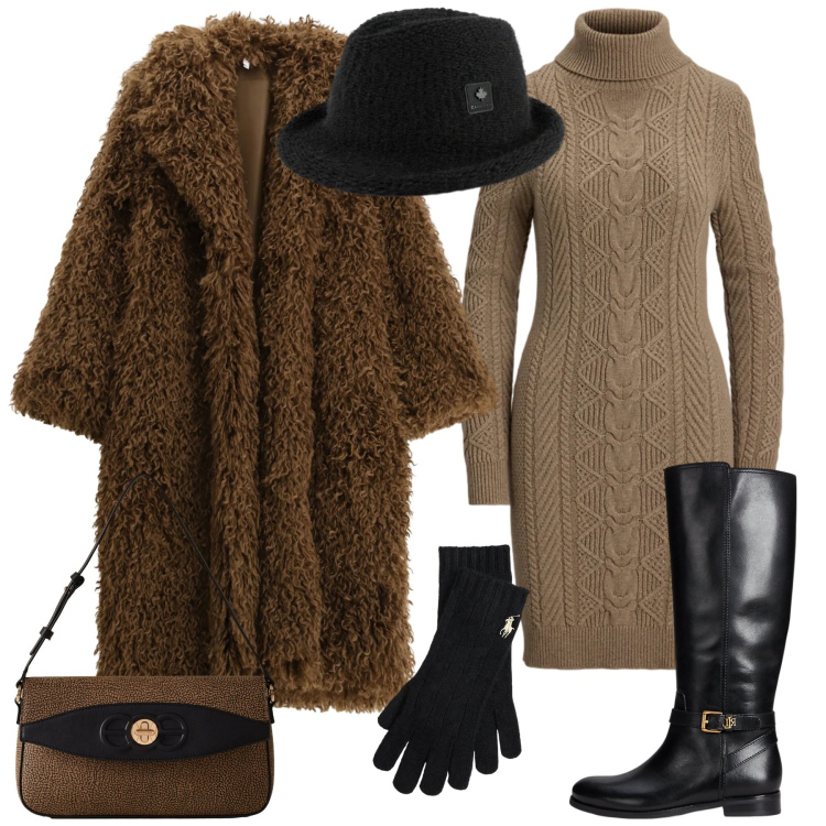 Outfit donna - Warm & chic. Stile Casual chic per Serata fuori. Abbinamento con cappotti, borse a spalla, stivali, vestiti, guanti, cappelli.