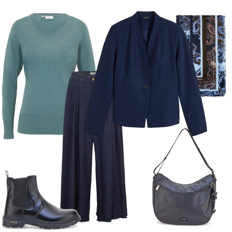 Outfit donna - Total look #2301475. Stile Casual chic per Ufficio. Abbinamento con maglieria, blazer, gonne, borse a spalla, stivaletti chelsea, foulard.