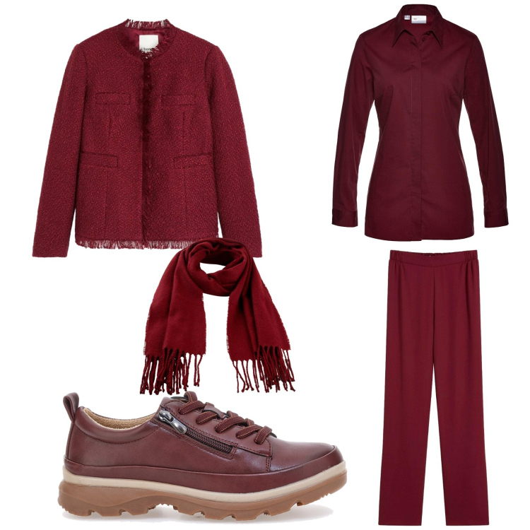 Outfit donna - Rosso ciliegia. Stile Basic per Tutti i giorni. Abbinamento con pantaloni, sciarpe, cappotti, camicie, scarpe stringate.