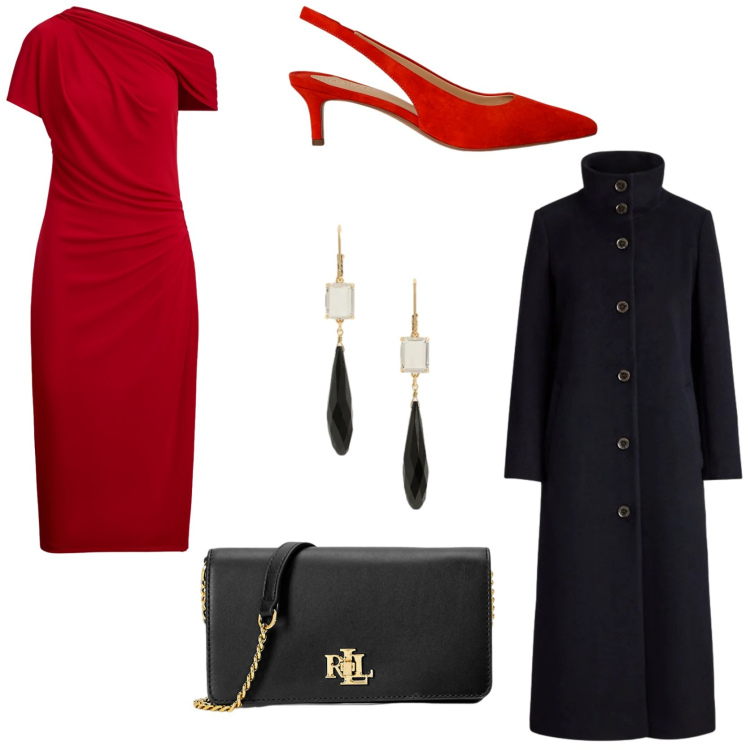 Outfit donna - L\' abito delle feste. Stile Glamour per Serata fuori. Abbinamento con borse a mano, décolleté, vestiti asimmetrici, orecchini, cappotti.