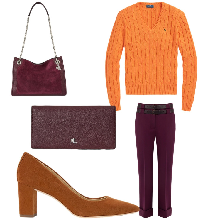 Outfit donna - Eleganza semplice. Stile Casual chic per Ufficio. Abbinamento con pantaloni, maglieria, décolleté, borse tote, portafogli.