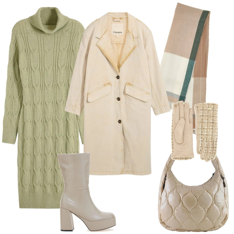 Outfit donna - Total look #2301494. Stile Casual chic per Ufficio. Abbinamento con vestiti, trench, borse tote, stivali, sciarpe, guanti.