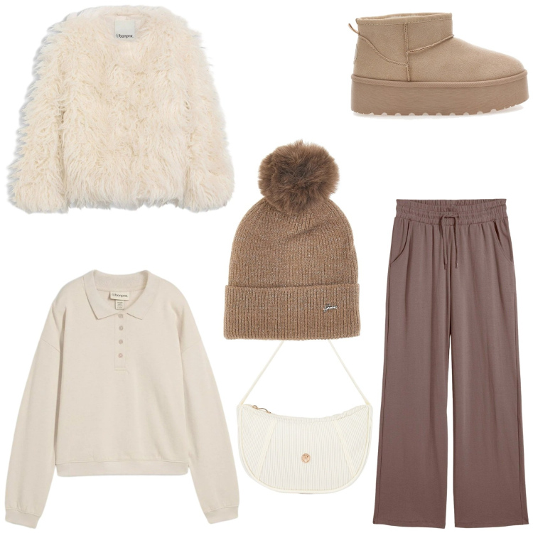 Outfit donna - minimal look. Stile Minimal per Tutti i giorni. Abbinamento con pantaloni, ecopellicce, maglieria, borse a mano, berretti, stivaletti.