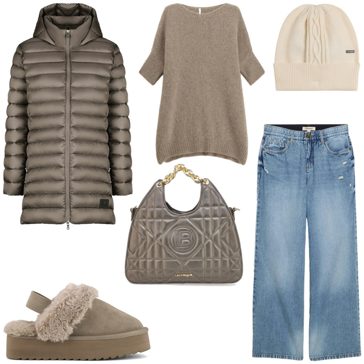 Outfit donna - Minimal chic. Stile Minimal per Tutti i giorni. Abbinamento con jeans, maglieria, berretti, piumini, sabot, borse a mano.