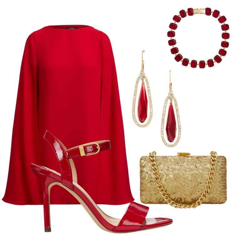 Outfit donna - Lady in Red. Stile Glamour per Cerimonia. Abbinamento con sandali col tacco, clutch, vestiti, braccialetti, orecchini.