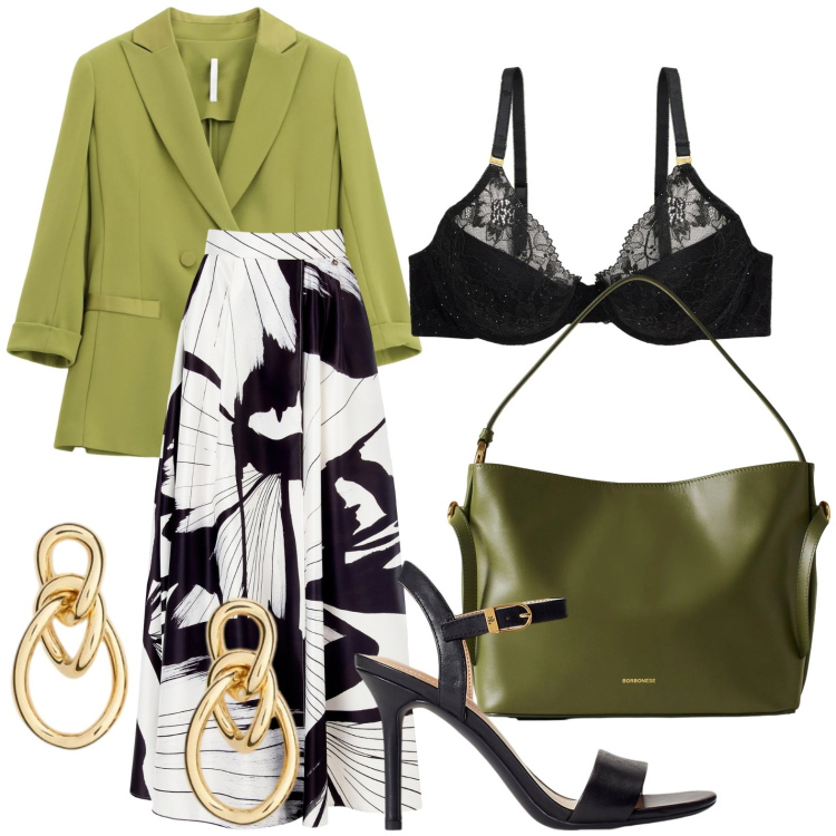 Outfit donna - Office chic. Stile Chic per Ufficio. Abbinamento con gonne lunghe, blazer, borse a mano, sandali in pelle, reggiseni, orecchini.