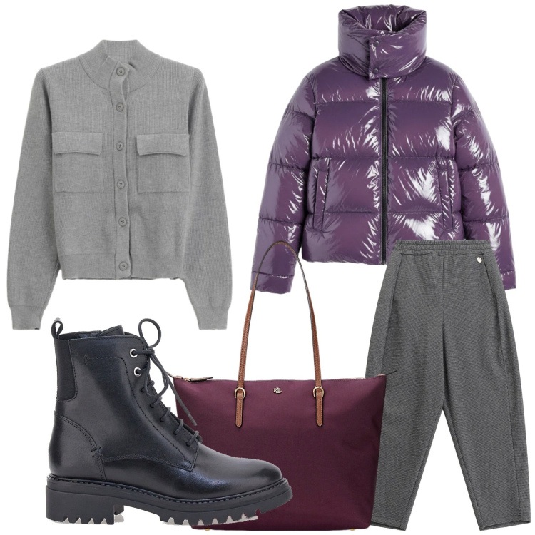 Outfit donna - Un mix di minimalismo elegante. Stile Minimal per Tutti i giorni. Abbinamento con cardigans, pantaloni, borse tote, piumini, anfibi.