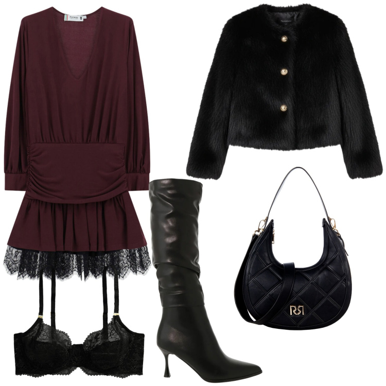 Outfit donna - Per una serata. Stile Glamour per Serata fuori. Abbinamento con vestiti corti, borse a tracolla, ecopellicce, stivali sopra il ginocchio, reggiseni.