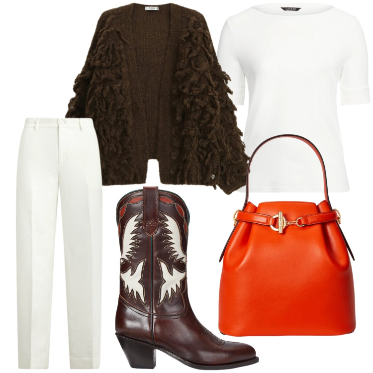 Outfit donna - Un mix di minimalismo elegante. Stile Minimal per Tutti i giorni. Abbinamento con cardigans, borse a secchiello, pantaloni, stivali, top.