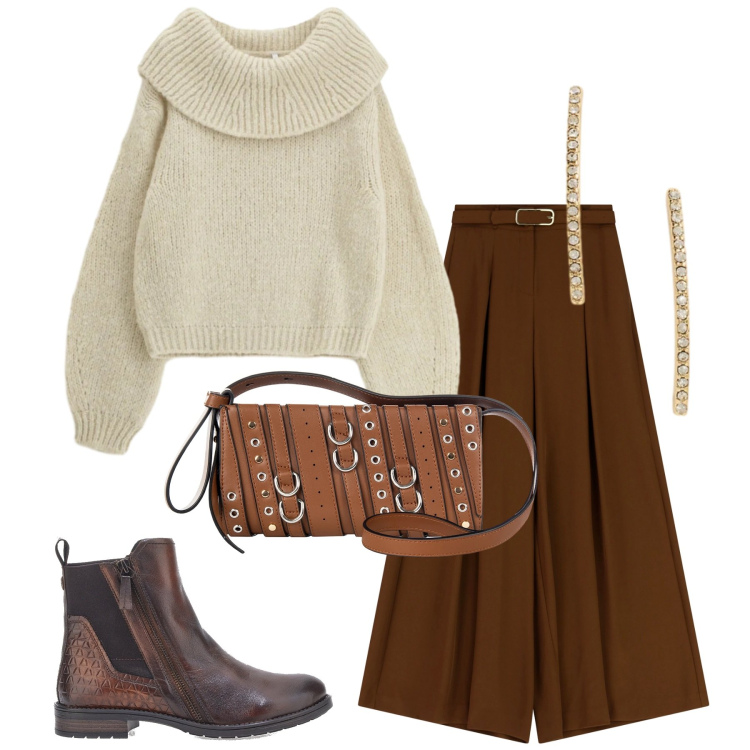 Outfit donna - Total look #2301523. Stile Romantica per Tutti i giorni. Abbinamento con borse a spalla, maglieria, pantaloni, orecchini, stivaletti chelsea.