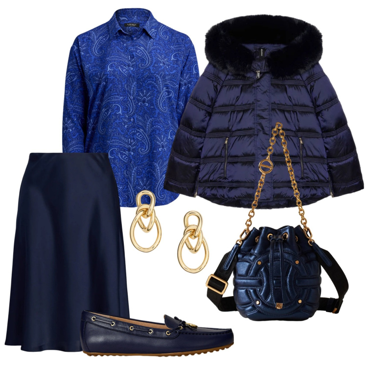 Outfit donna - Total look #2301524. Stile Casual chic per Tutti i giorni. Abbinamento con borse a secchiello, gonne, mocassini, orecchini, camicie, piumini.