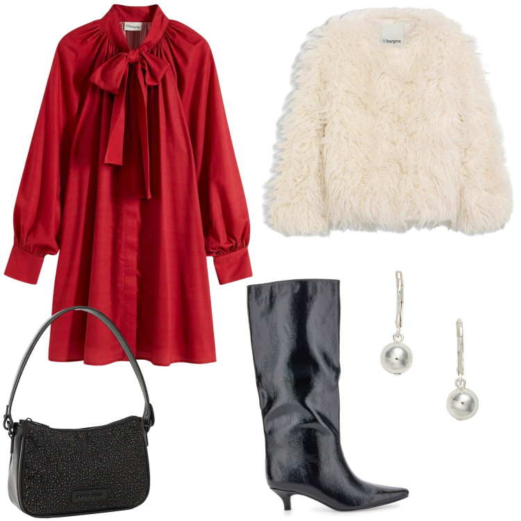 Outfit donna - Natale. Stile Trendy per Serata fuori. Abbinamento con vestiti, ecopellicce, borse a mano, orecchini, stivali.