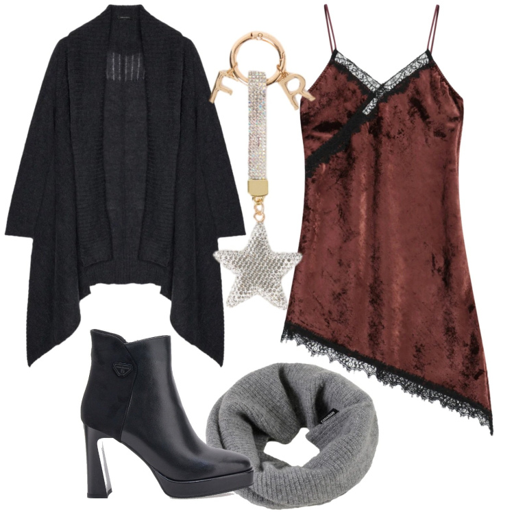 Outfit donna - Magiche Asimmetrie. Stile Minimal per Tutti i giorni. Abbinamento con vestiti asimmetrici, scaldacollo, stivaletti, cardigans, portachiavi.