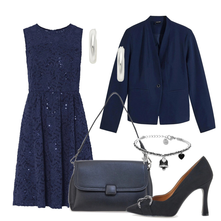 Outfit donna - Elegante in blu. Stile Chic per Serata fuori. Abbinamento con vestiti, blazer, braccialetti, orecchini, décolleté, borse a spalla.