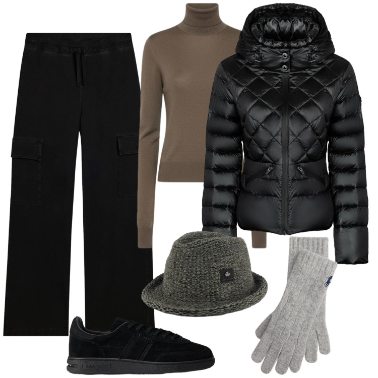 Outfit donna - Cappello borsalino. Stile Trendy per Tutti i giorni. Abbinamento con pantaloni cargo, sneakers, guanti, piumini, cappelli, maglieria.