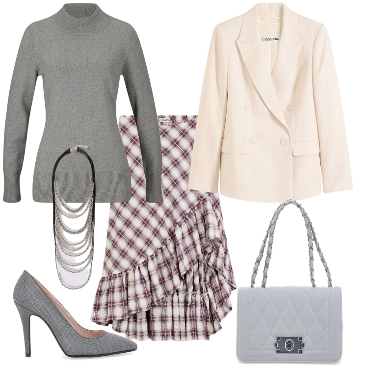 Outfit donna - Total look #2301531. Stile Chic per Serata fuori. Abbinamento con maglieria, blazer, gonne, décolleté, borse a tracolla, collane.