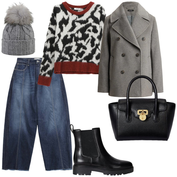 Outfit donna - Caldo e accogliente. per Tutti i giorni. Abbinamento con jeans, pullovers, cappotti, stivaletti chelsea, borse a mano, berretti.