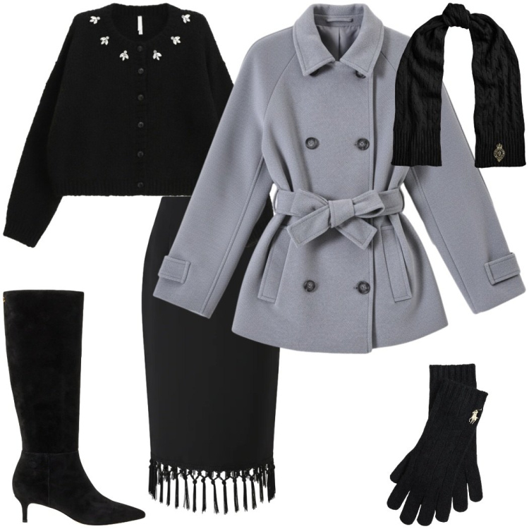 Outfit donna - Warm & chic. Stile Etnico per Serata fuori. Abbinamento con caban, gonne longuette, cardigans, stivali, sciarpe, guanti.