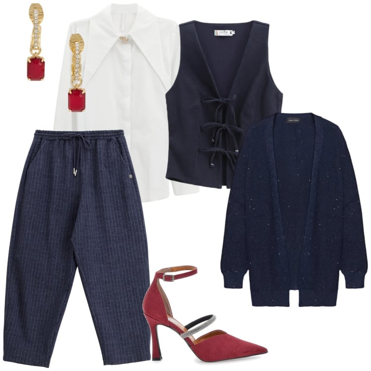 Outfit donna - Blu per le feste. per Serata fuori. Abbinamento con jeans, gilet, camicie, orecchini, décolleté, cardigans.