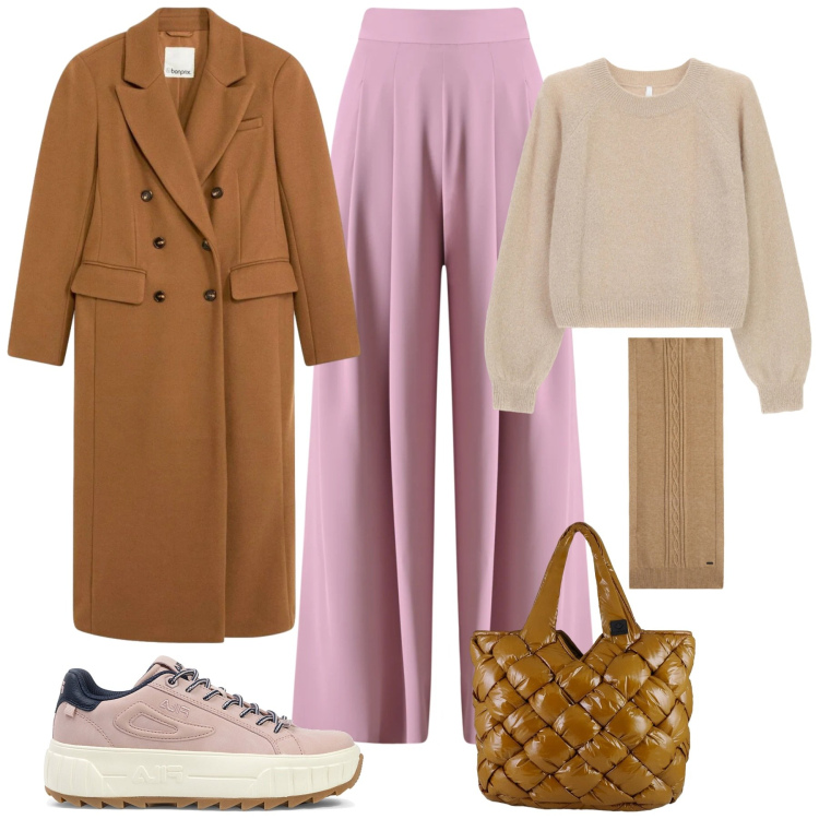 Outfit donna - Warm e chic. Stile Casual chic per Tutti i giorni. Abbinamento con cappotti, pantaloni a palazzo, maglieria, sciarpe, borse tote, sneakers.
