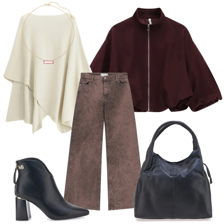 Outfit donna - Total look #2301538. Stile Casual chic per Ufficio. Abbinamento con pantaloni a palazzo, maglieria, bomber, collane, stivaletti, borse a mano.