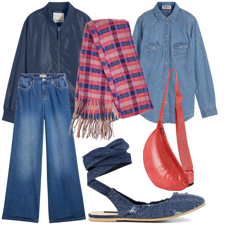 Outfit donna - Total look. Stile Casual chic per Tutti i giorni. Abbinamento con camicie, jeans, bomber, borse sportive, sciarpe, ballerine.