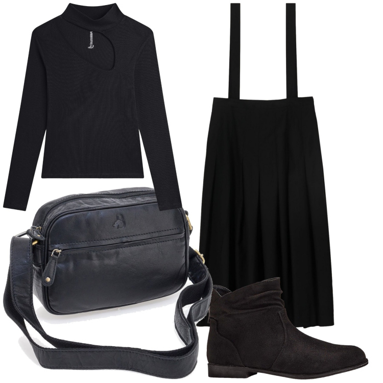 Outfit donna - Basic in black. Stile Basic per Ufficio. Abbinamento con stivaletti, maglieria, gonne lunghe, borse a tracolla.