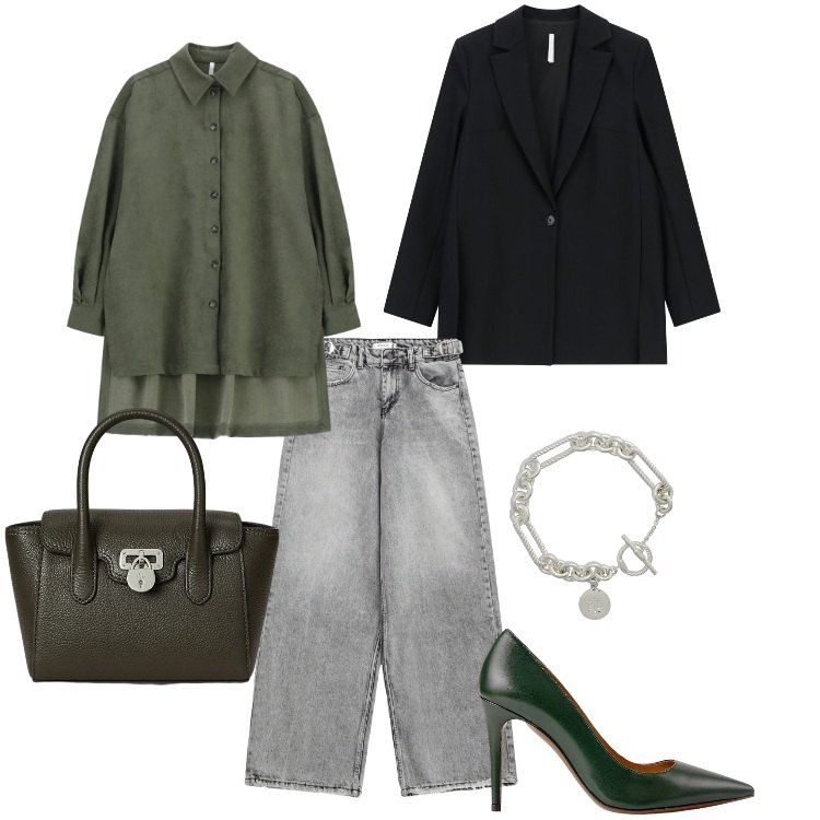 Outfit donna - Triangolo rovesciato - 01. Stile Casual chic per Tutti i giorni. Abbinamento con jeans, camicie, blazer, braccialetti, décolleté, borse a mano.