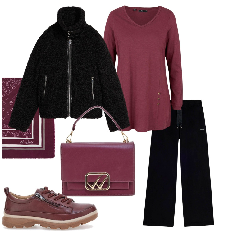 Outfit donna - Total look #2301544. Stile Minimal per Tutti i giorni. Abbinamento con ecopellicce, maglieria, pantaloni, borse a tracolla, foulard, scarpe stringate.