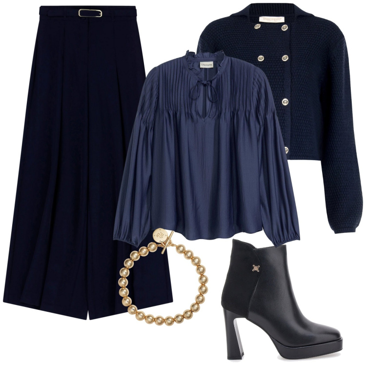 Outfit donna - Semplice. Stile Bon Ton per Serata fuori. Abbinamento con bluse, blazer, pantaloni, braccialetti, stivaletti.