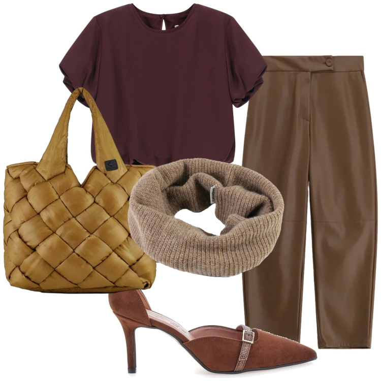 Outfit donna - Fuori per un caffè. Stile Trendy per Tutti i giorni. Abbinamento con pantaloni, camicie a manica corta, borse tote, scaldacollo, décolleté.