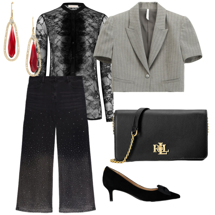 Outfit donna - Minimal elegante. per Serata fuori. Abbinamento con camicie, blazer, borse a mano, décolleté, orecchini, jeans.