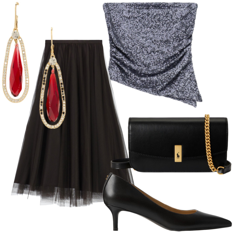 Outfit donna - Inatteso tocco rosso. Stile Glamour per Serata fuori. Abbinamento con gonne lunghe, top, décolleté, clutch, orecchini.
